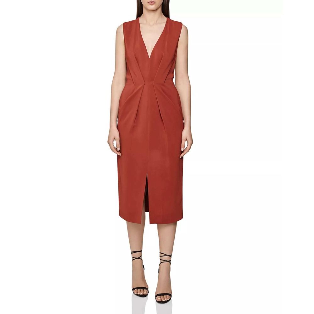 REISS Gracie Pleat Detailed Midi Dress‎ Rust Orange US 10